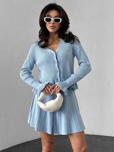 Cardigan En Maille Pour Femmes Et Jupe Plissée Manches Longues Col V Volants Boutonné Polyester Élégant