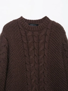 Close-up of deep brown cable knit texture and neckline of a vintage style sweater