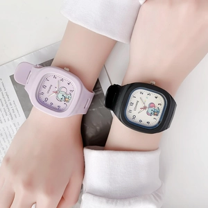Student square watches with silicone straps and cute elephant design in purple and black