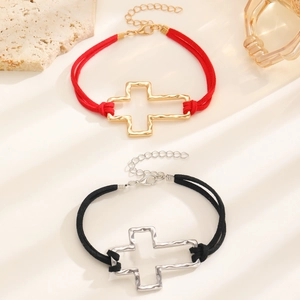 Minimalist adjustable cross bracelet with hammered texture in red and black colors