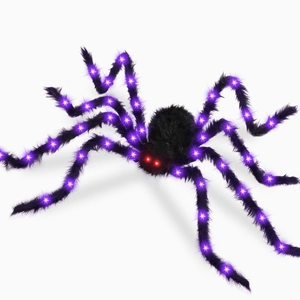 Giant black plush spider with purple LED lights and glowing red eyes for Halloween decor