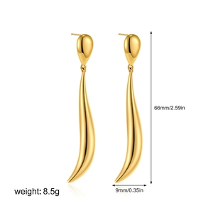 Detail view of 18k gold long water drop earrings showing 66mm length and 9mm width