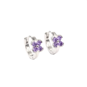 Detailed close-up of S925 sterling silver U-shaped hoop earring with purple flower gemstone