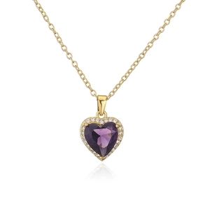 Close-up of 18K gold-plated necklace with a heart-shaped purple gemstone and zircons
