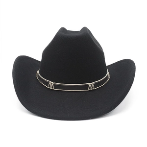 Detail of black felt cowboy hat with contrasting beige rope trim on a decorative band