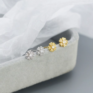 French vintage S925 sterling silver flower stud earrings with zircon in gold and silver