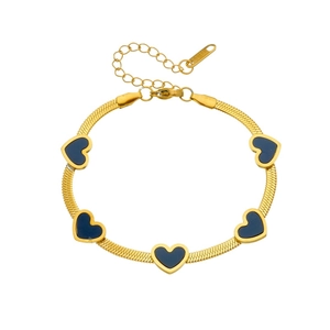 Elegant gold-plated stainless steel snake chain bracelet with five blue heart charms for women
