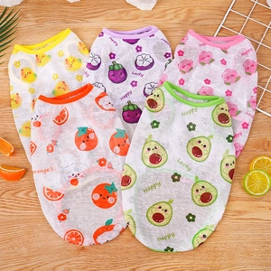 Flat lay of breathable mesh pet vests with colorful fruit prints for large dogs