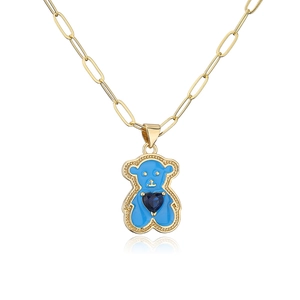 18K gold plated necklace with blue enamel bear pendant and navy heart-shaped zircon