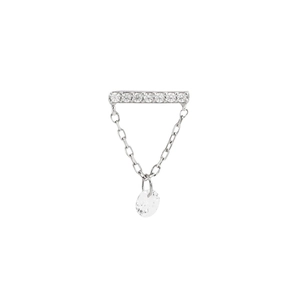 Detail of S925 sterling silver bar earring with pavé diamonds and a tassel chain