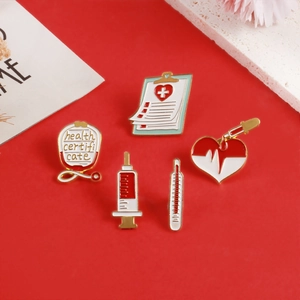 Set of 5 medical enamel pins featuring stethoscope and syringe on vibrant red background