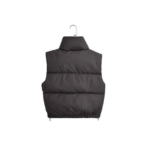 Women's dark gray stand collar quilted puffer vest jacket with drawstring hem design