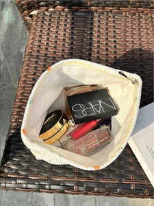 Floral corduroy cosmetic bag with high capacity and metal zipper closure for travel