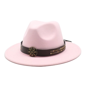 Pink wool fedora hat detail with brown leather band and antique bronze floral buckles