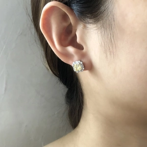 Detail showing a yellow Asscher cut stud earring with side view on a model ear
