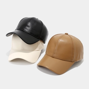 Set of three PU leather baseball hats in black, off-white and brown with textured finish