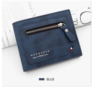 Detail of blue textured leather men's wallet with silver metal zipper and card slots
