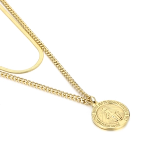 Double-layered gold titanium steel necklace with Virgin Mary pendant and flat snake chain