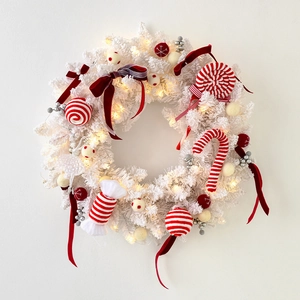 White Flocked Christmas Wreath Garland With Led Lights Candy Cane Gingerbread Man Ornaments For Holiday Door Wall Decor