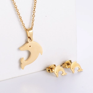 Dolphin Pendant Necklace And Earrings Stainless Steel 18K Gold Plated Ocean Animal Minimalist Style Jewelry For Women