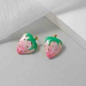 18K gold stainless steel strawberry stud earrings with pink enamel and gold accents