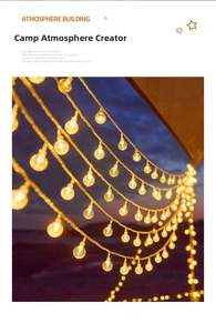 Close-up of warm yellow bubble globe LED string lights for outdoor camping tents