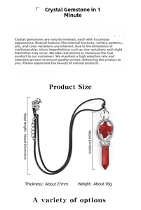 Detailed view of rotating Merkaba star pendant with red crystal hexagonal prism and size specs