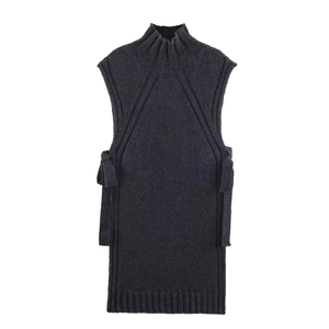 Women Elegant Wool Blend Knit Vest Mock Neck Side Slit With Tie Sleeveless Solid Color Pullover Long Knitwear Top