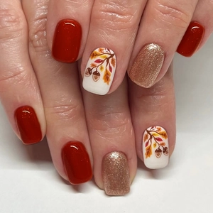 Press On Nails Glossy Dark Red Gold Glitter Autumn Leaf Acorn Pattern Short Square ABS Manicure For Women With Jelly Glue