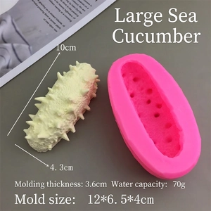 Macro view showing 10x4.3cm sea cucumber silicone mold and finished resin product