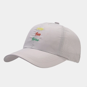 Macro detail of breathable mesh holes and 'one two three' embroidery on gray sports cap