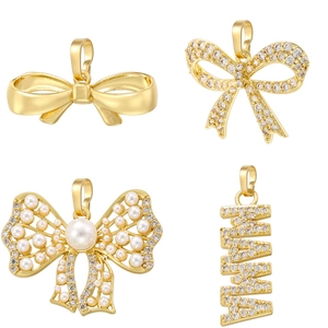 Brass Bowknot Mama Letter Pendant Inlaid Zircon Faux Artificial Pearl Fashion Jewelry Charms For Women Stylish Versatile Accessories
