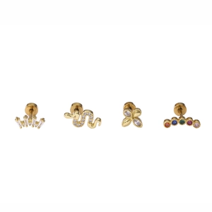 Golden flower stud earrings with colorful zircon stones on stainless steel rod posts