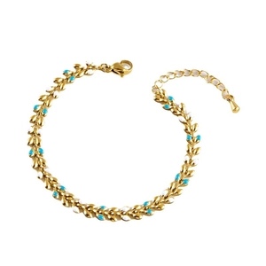 Bohemian gold wheat spike bracelet with colorful beads and lobster clasp on white background