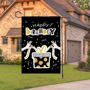 Outdoor happy birthday garden flag with gift box design on a black metal stand