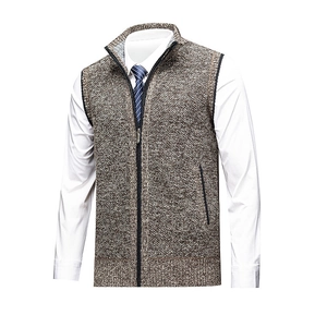 Detail of men's knitted zip vest showing high collar texture and brown blended fabric