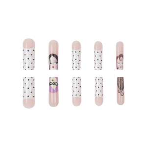 Cartoon style press-on nails set with pink base, black dots, and girl illustration designs