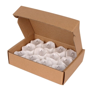 Set of 12 LED tea lights with petal edges in a brown kraft box packaging shown from top view