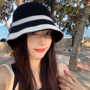 Women Knitted Striped Bucket Hat Foldable Sun Protection Fisherman Hat Casual Versatile Summer Breathable Fashion