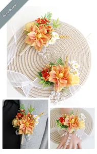 Détails de l'ensemble corsage et bracelet en fleurs artificielles orange et perles