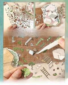 Detailed PET building stickers set with scene card and premium white ink printing for DIY craft