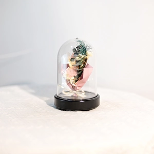 Detail of pink and white preserved flowers in a clear dome with led light and black base
