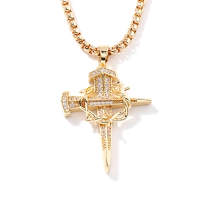 Gold cross pendant necklace with nail design and thorn crown on box chain for men