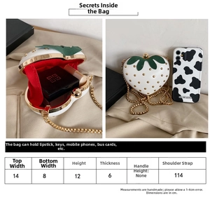 Detailed size chart for strawberry heart-shaped mini crossbody bag with measurements