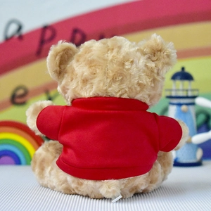 Back view of a light brown plush teddy bear wearing a bright red miniature t-shirt