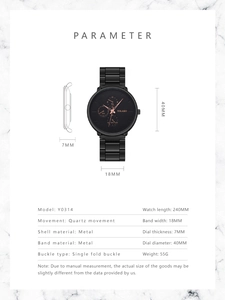 Detailed specifications chart for black quartz watch showing dimensions and material features