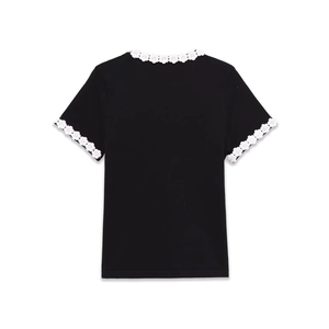 Slim fit black short sleeve T-shirt with white 3D floral lace trim on neck and cuffs