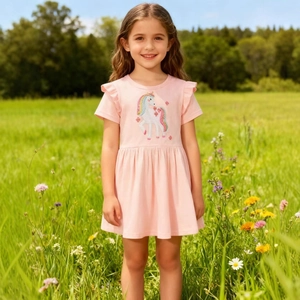Robe Fille Coton Manches Courtes Rose Licorne Broderie Volants Été Décontracté Tenues Princesse
