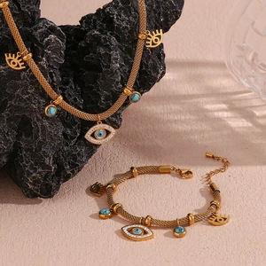 18K gold plated stainless steel jewelry set with evil eye pendants and turquoise