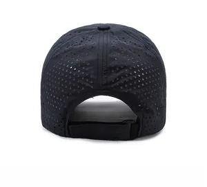 Rear view of breathable navy blue outdoor baseball cap showing adjustable strap and mesh holes